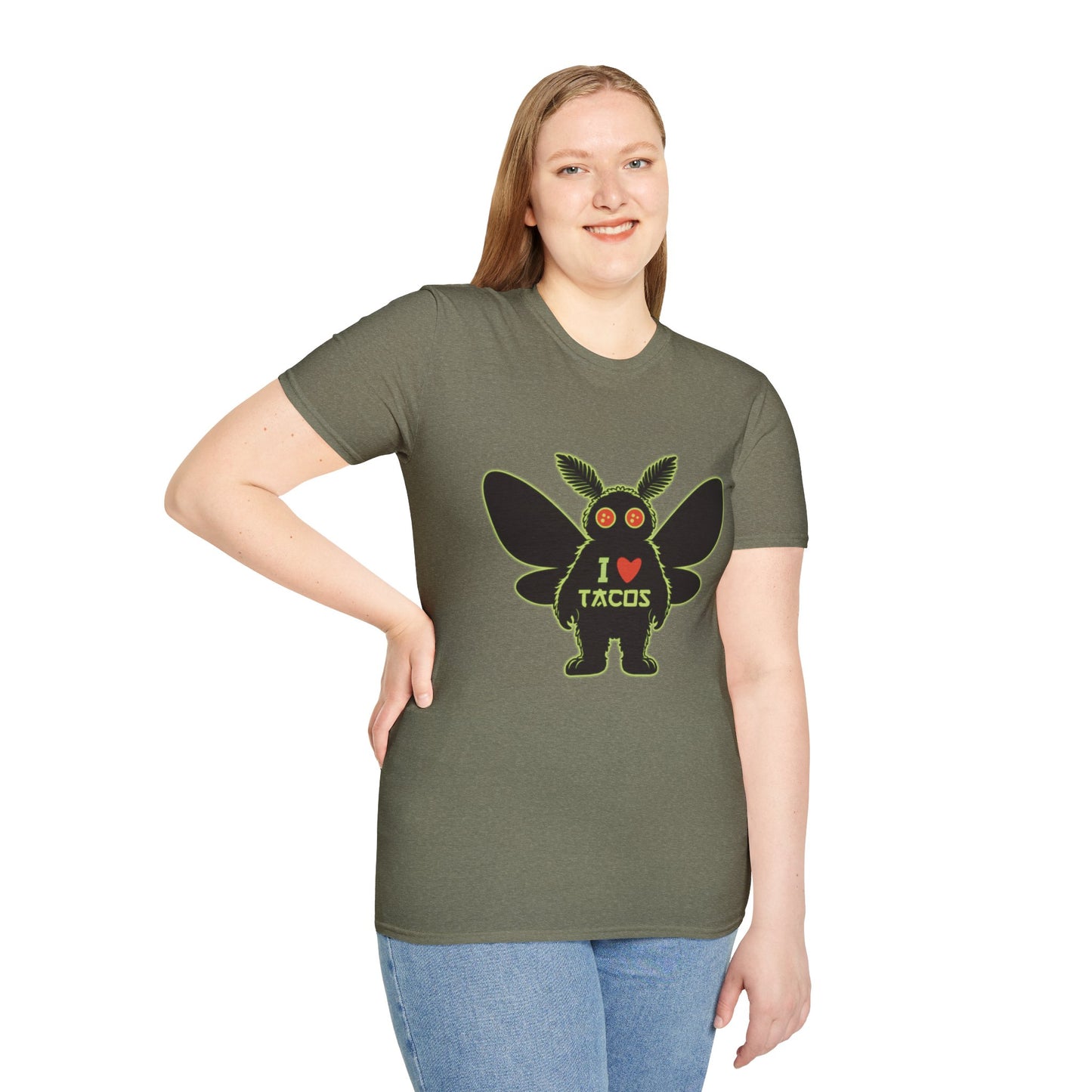Mothman loves Tacos Unisex Softstyle T-Shirt, Funny Taco Lover Tee, Foodie Gift, Casual Wear, Perfect for Taco Tuesday, Unique Graphic Shirt
