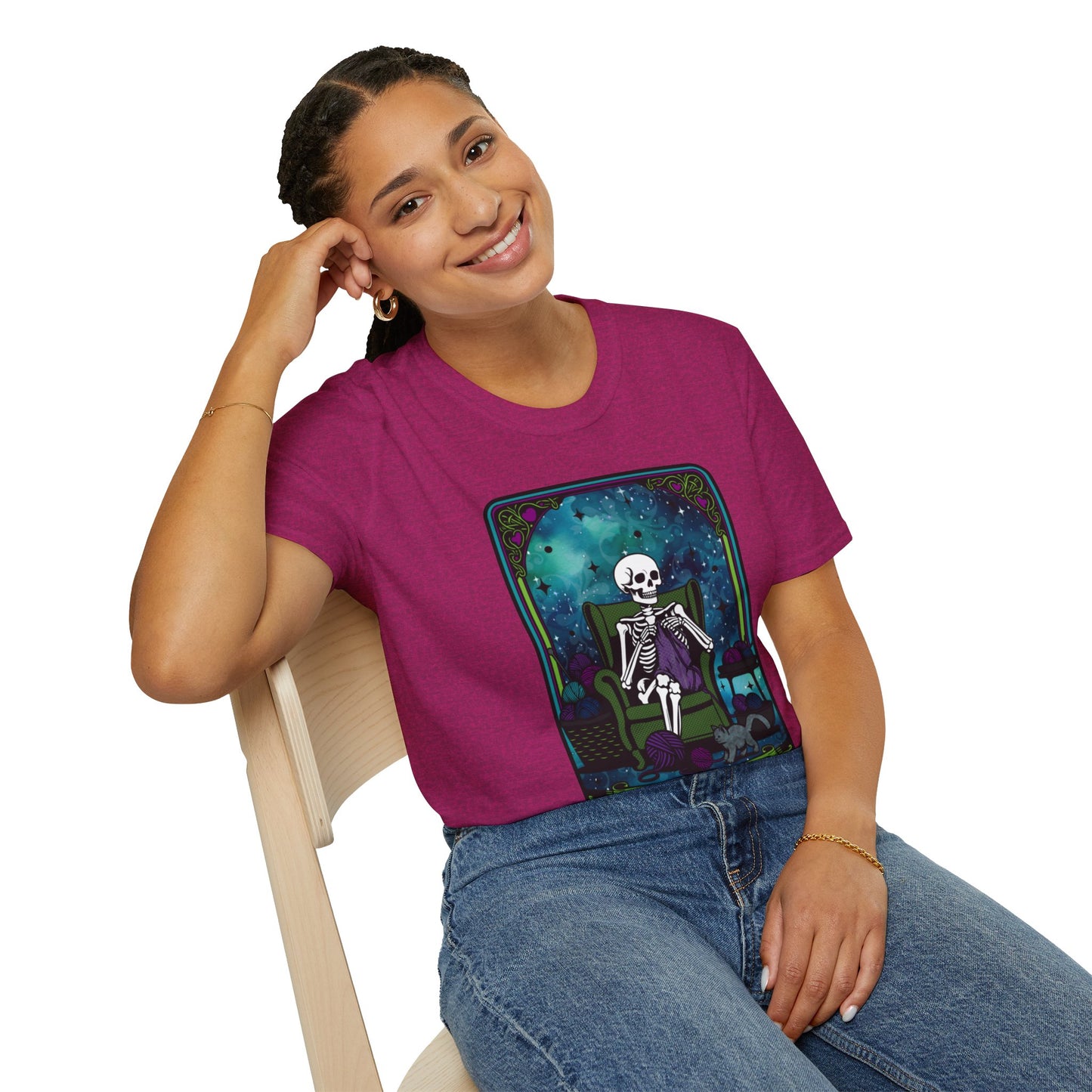 Skeletal Yarn Hoarder T-Shirt, Softstyle Graphic Tee for Crafters, Halloween Apparel, Gift for Knitters, Cozy Casual Wear