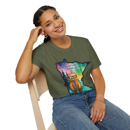 Whimsical Minnesota Bear T-Shirt, Mind Your Own Damn Business Tee, Casual Gift, Fun Apparel, Northern Lights Style, Unique Souvenir