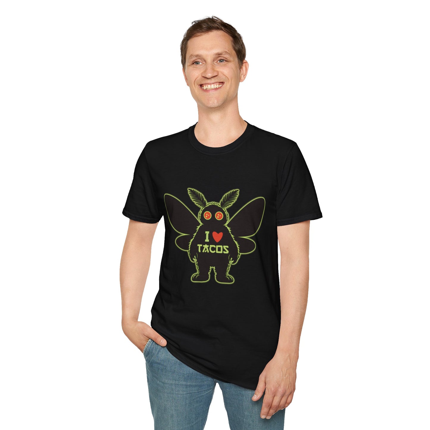Mothman loves Tacos Unisex Softstyle T-Shirt, Funny Taco Lover Tee, Foodie Gift, Casual Wear, Perfect for Taco Tuesday, Unique Graphic Shirt