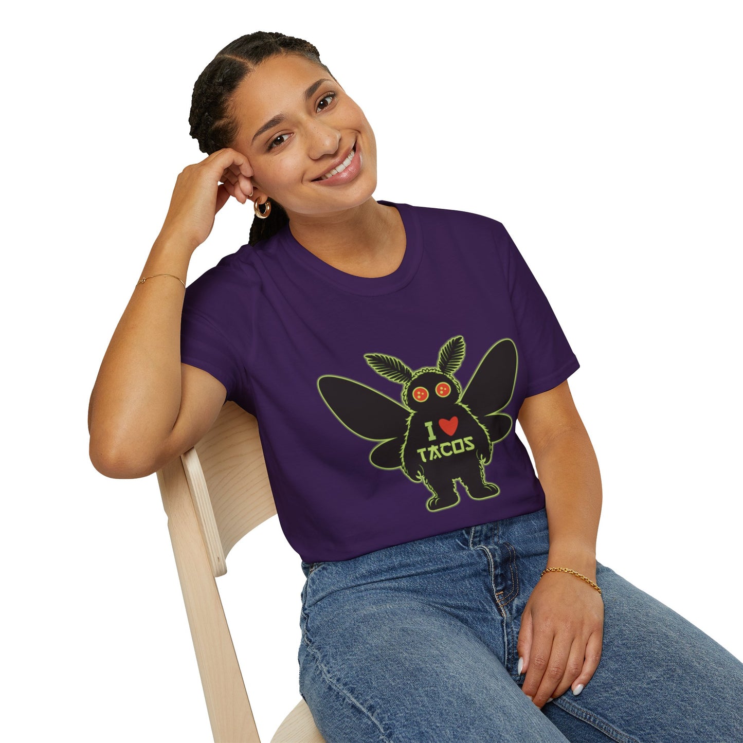 Mothman loves Tacos Unisex Softstyle T-Shirt, Funny Taco Lover Tee, Foodie Gift, Casual Wear, Perfect for Taco Tuesday, Unique Graphic Shirt