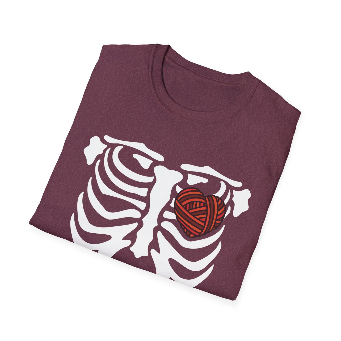 Yarn lover’s Skeleton Heart Unisex T-Shirt | Gift for Couples, Fun Graphic Tee, Romantic Apparel, Halloween Shirt, Love Theme