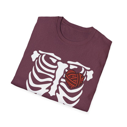 Yarn lover’s Skeleton Heart Unisex T-Shirt | Gift for Couples, Fun Graphic Tee, Romantic Apparel, Halloween Shirt, Love Theme