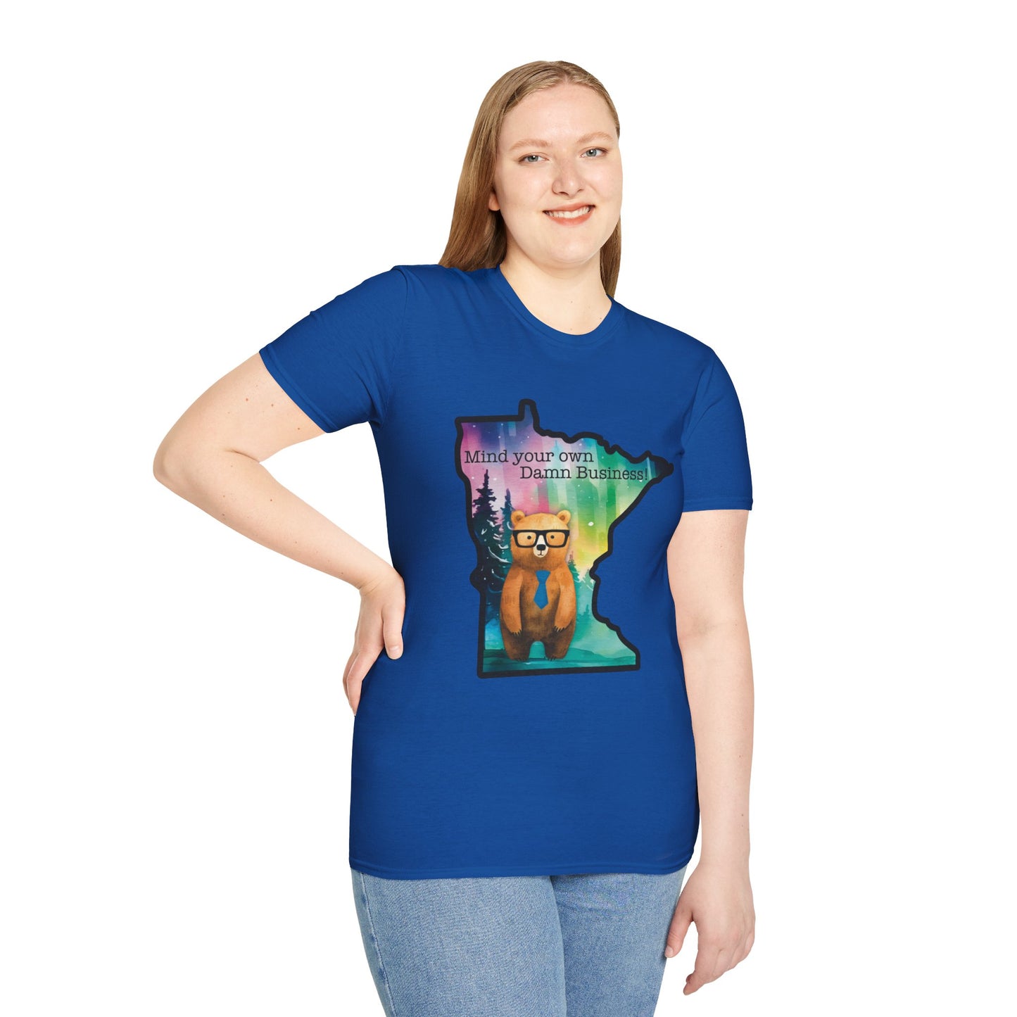 Whimsical Minnesota Bear T-Shirt, Mind Your Own Damn Business Tee, Casual Gift, Fun Apparel, Northern Lights Style, Unique Souvenir