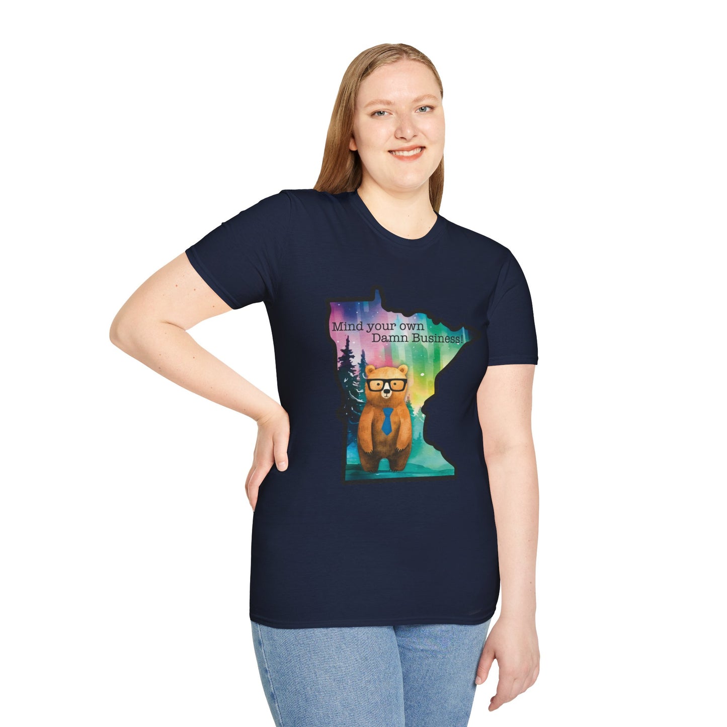 Whimsical Minnesota Bear T-Shirt, Mind Your Own Damn Business Tee, Casual Gift, Fun Apparel, Northern Lights Style, Unique Souvenir