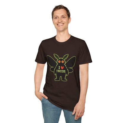 Mothman loves Tacos Unisex Softstyle T-Shirt, Funny Taco Lover Tee, Foodie Gift, Casual Wear, Perfect for Taco Tuesday, Unique Graphic Shirt