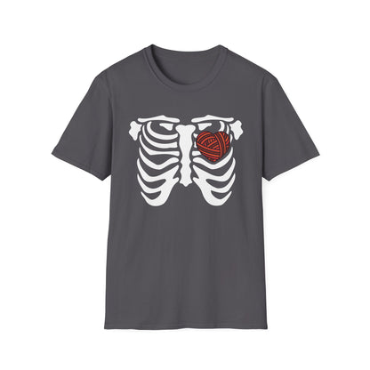 Yarn lover’s Skeleton Heart Unisex T-Shirt | Gift for Couples, Fun Graphic Tee, Romantic Apparel, Halloween Shirt, Love Theme