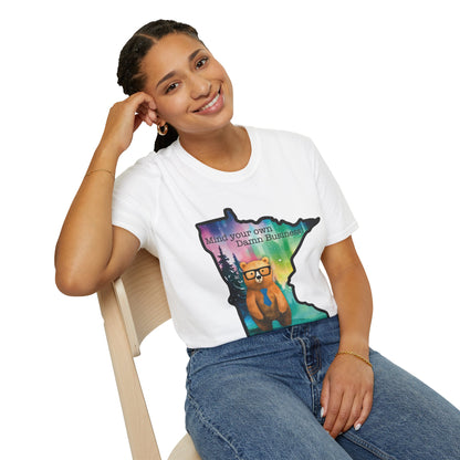 Whimsical Minnesota Bear T-Shirt, Mind Your Own Damn Business Tee, Casual Gift, Fun Apparel, Northern Lights Style, Unique Souvenir