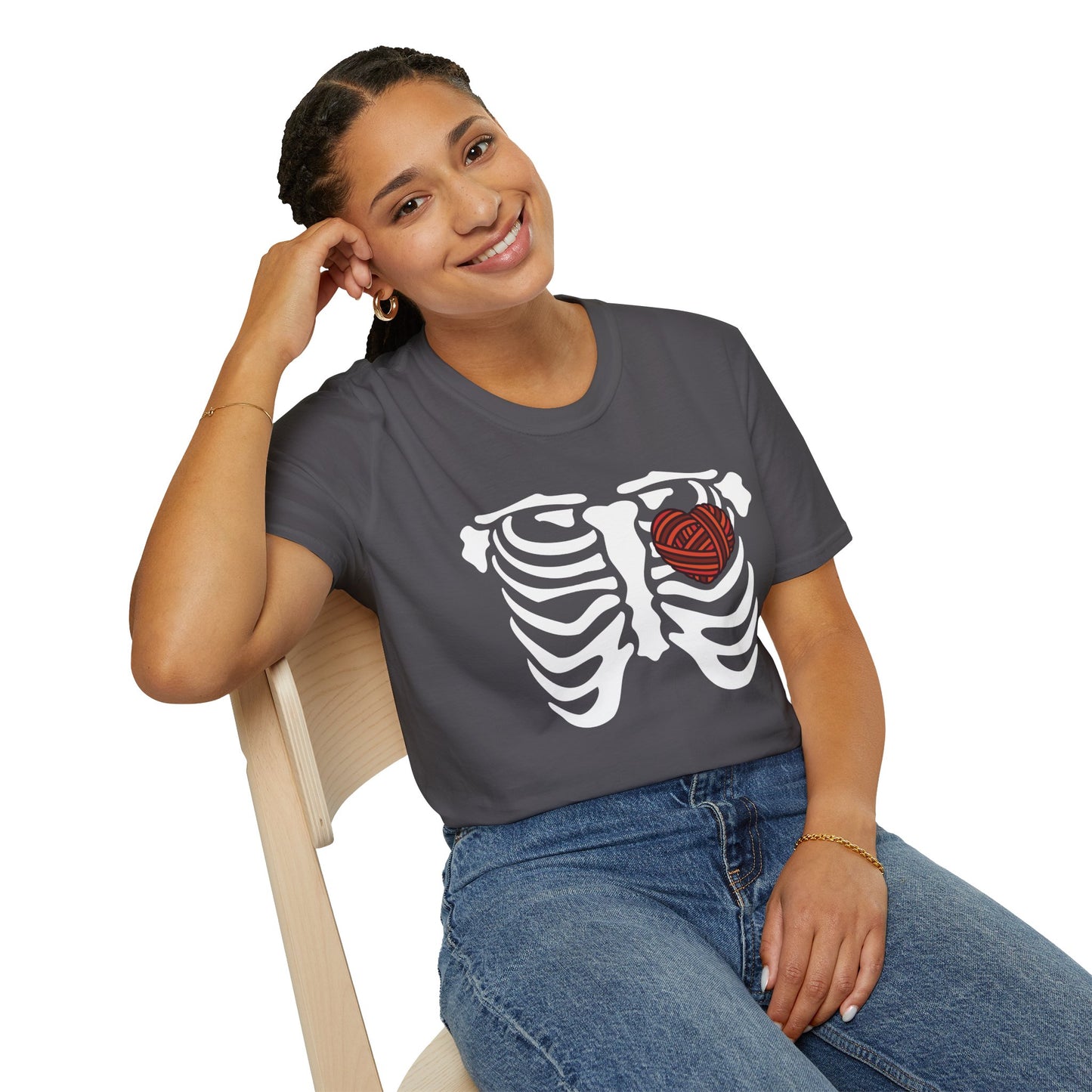 Yarn lover’s Skeleton Heart Unisex T-Shirt | Gift for Couples, Fun Graphic Tee, Romantic Apparel, Halloween Shirt, Love Theme