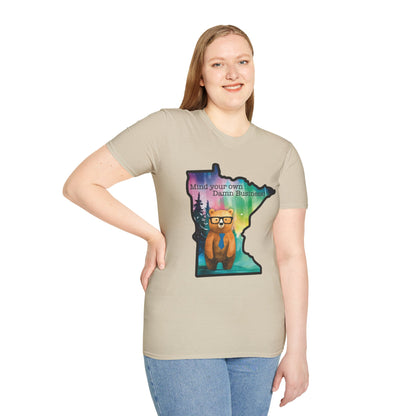 Whimsical Minnesota Bear T-Shirt, Mind Your Own Damn Business Tee, Casual Gift, Fun Apparel, Northern Lights Style, Unique Souvenir