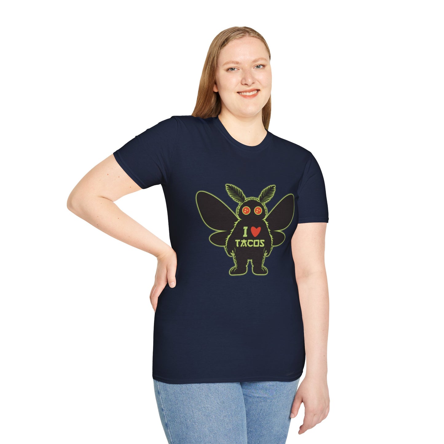Mothman loves Tacos Unisex Softstyle T-Shirt, Funny Taco Lover Tee, Foodie Gift, Casual Wear, Perfect for Taco Tuesday, Unique Graphic Shirt