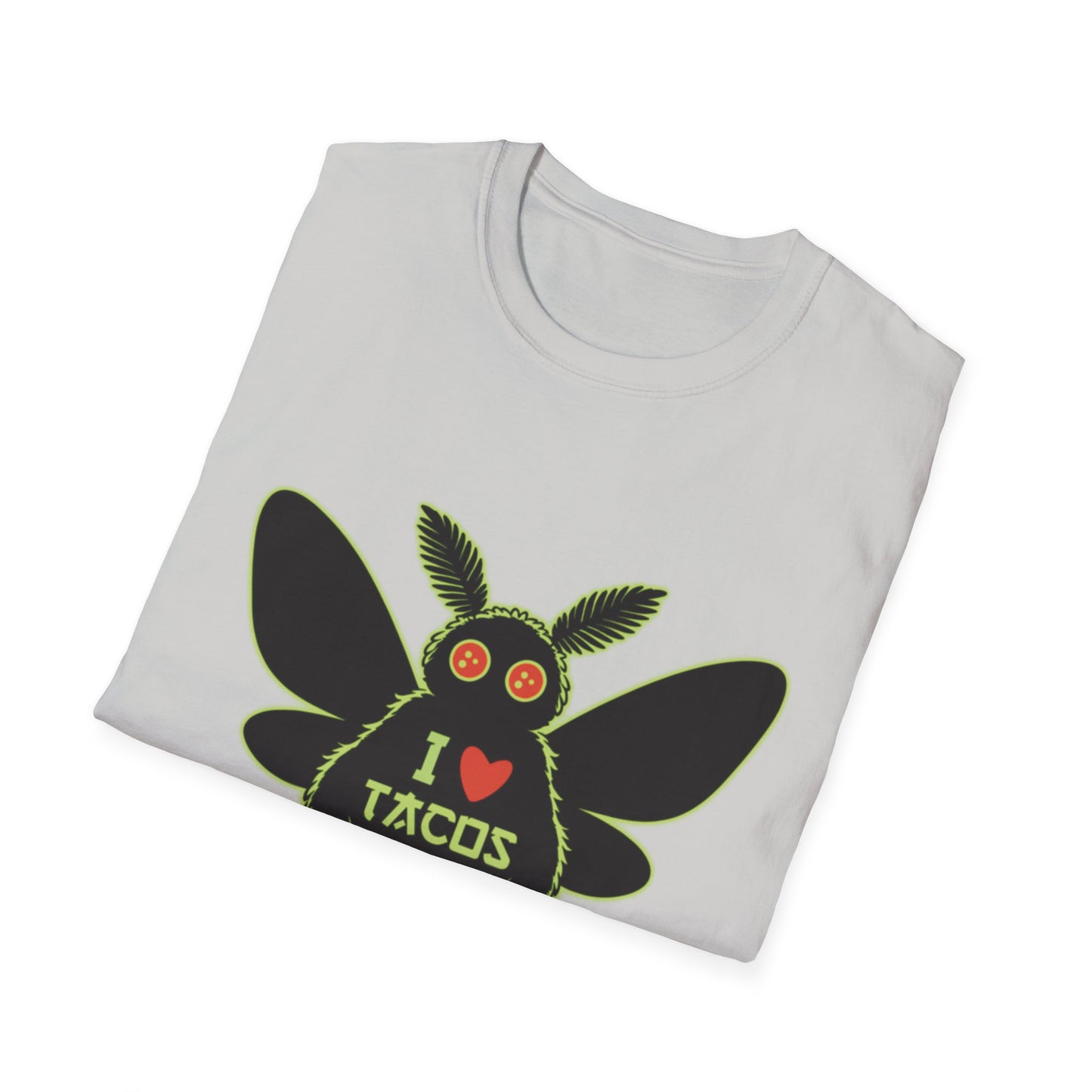 Mothman loves Tacos Unisex Softstyle T-Shirt, Funny Taco Lover Tee, Foodie Gift, Casual Wear, Perfect for Taco Tuesday, Unique Graphic Shirt