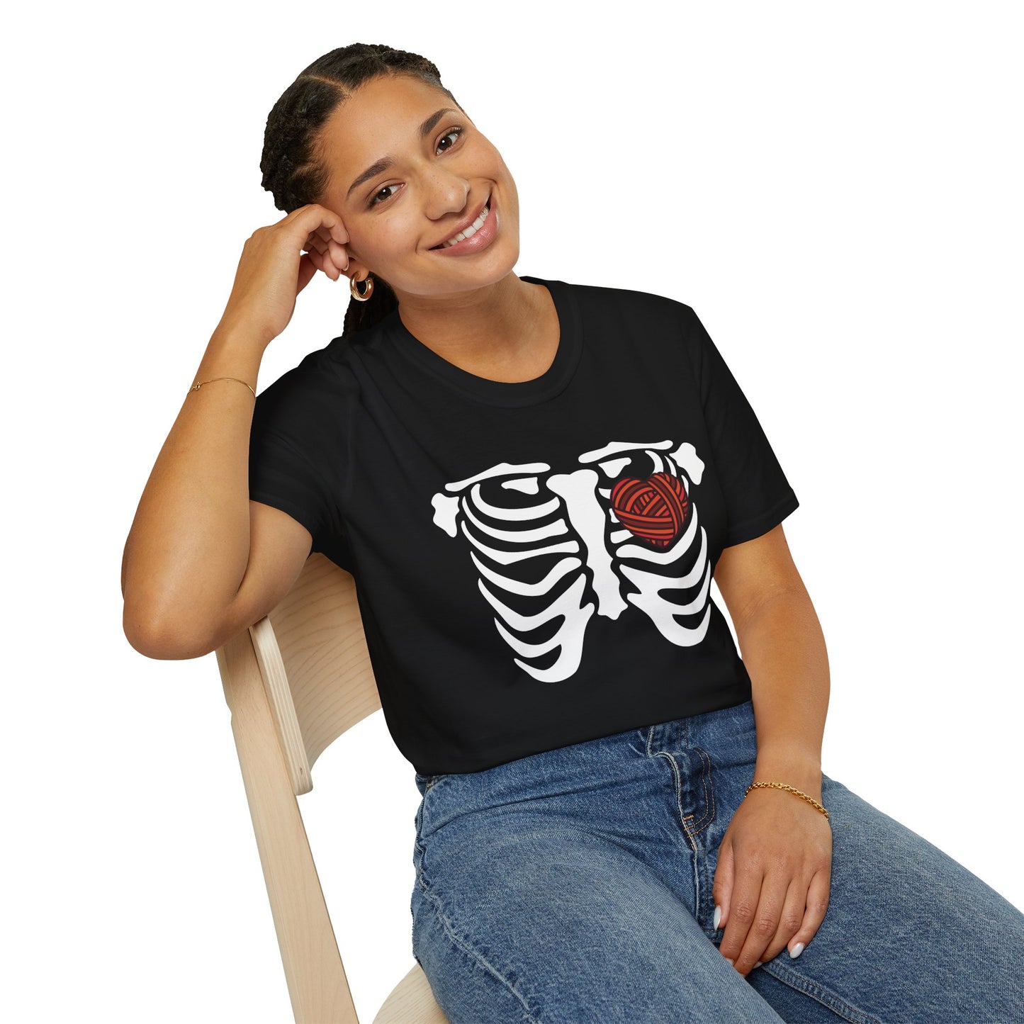 Yarn lover’s Skeleton Heart Unisex T-Shirt | Gift for Couples, Fun Graphic Tee, Romantic Apparel, Halloween Shirt, Love Theme