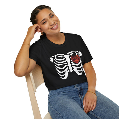 Yarn lover’s Skeleton Heart Unisex T-Shirt | Gift for Couples, Fun Graphic Tee, Romantic Apparel, Halloween Shirt, Love Theme