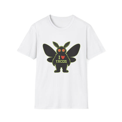 Mothman loves Tacos Unisex Softstyle T-Shirt, Funny Taco Lover Tee, Foodie Gift, Casual Wear, Perfect for Taco Tuesday, Unique Graphic Shirt