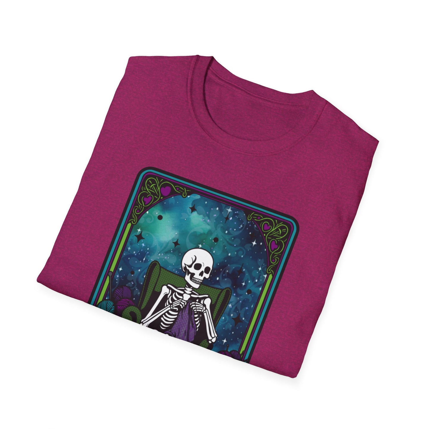 Skeletal Yarn Hoarder T-Shirt, Softstyle Graphic Tee for Crafters, Halloween Apparel, Gift for Knitters, Cozy Casual Wear