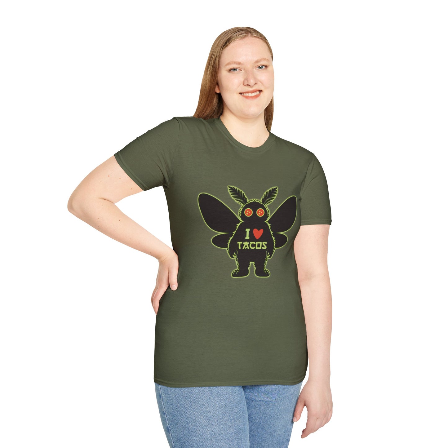 Mothman loves Tacos Unisex Softstyle T-Shirt, Funny Taco Lover Tee, Foodie Gift, Casual Wear, Perfect for Taco Tuesday, Unique Graphic Shirt