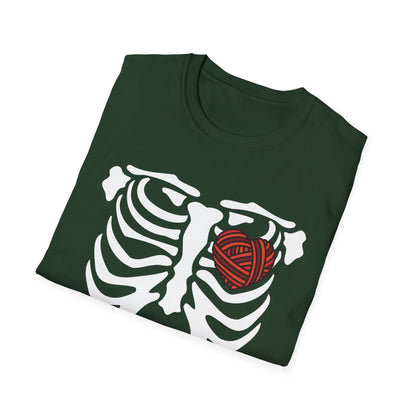 Yarn lover’s Skeleton Heart Unisex T-Shirt | Gift for Couples, Fun Graphic Tee, Romantic Apparel, Halloween Shirt, Love Theme