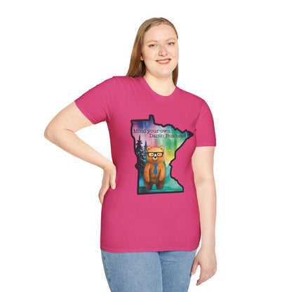 Whimsical Minnesota Bear T-Shirt, Mind Your Own Damn Business Tee, Casual Gift, Fun Apparel, Northern Lights Style, Unique Souvenir