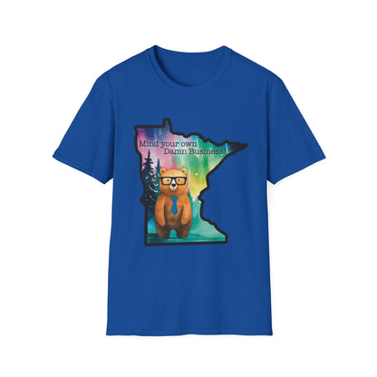 Whimsical Minnesota Bear T-Shirt, Mind Your Own Damn Business Tee, Casual Gift, Fun Apparel, Northern Lights Style, Unique Souvenir