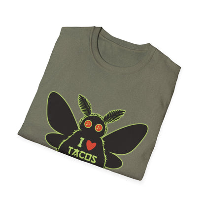 Mothman loves Tacos Unisex Softstyle T-Shirt, Funny Taco Lover Tee, Foodie Gift, Casual Wear, Perfect for Taco Tuesday, Unique Graphic Shirt