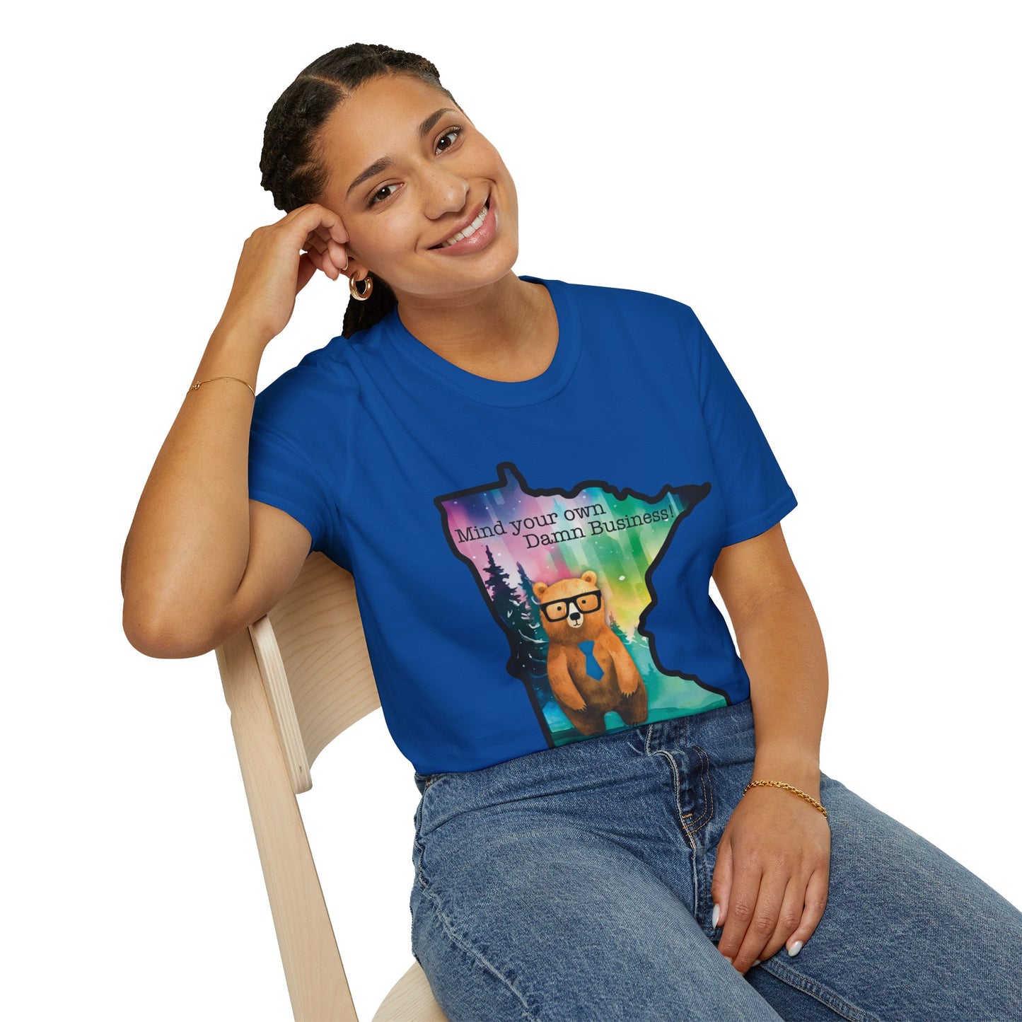 Whimsical Minnesota Bear T-Shirt, Mind Your Own Damn Business Tee, Casual Gift, Fun Apparel, Northern Lights Style, Unique Souvenir