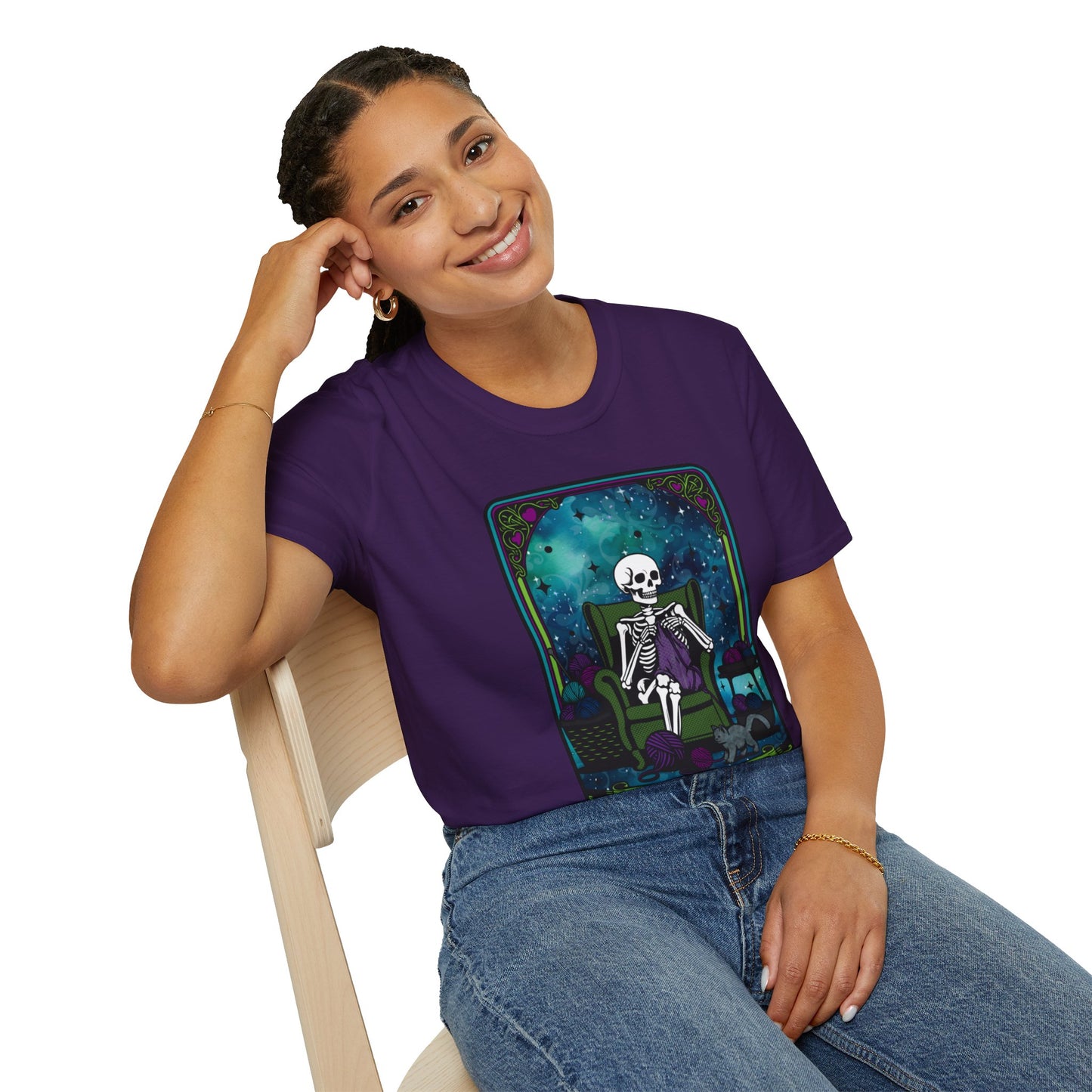 Skeletal Yarn Hoarder T-Shirt, Softstyle Graphic Tee for Crafters, Halloween Apparel, Gift for Knitters, Cozy Casual Wear