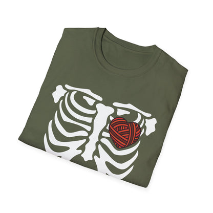 Yarn lover’s Skeleton Heart Unisex T-Shirt | Gift for Couples, Fun Graphic Tee, Romantic Apparel, Halloween Shirt, Love Theme