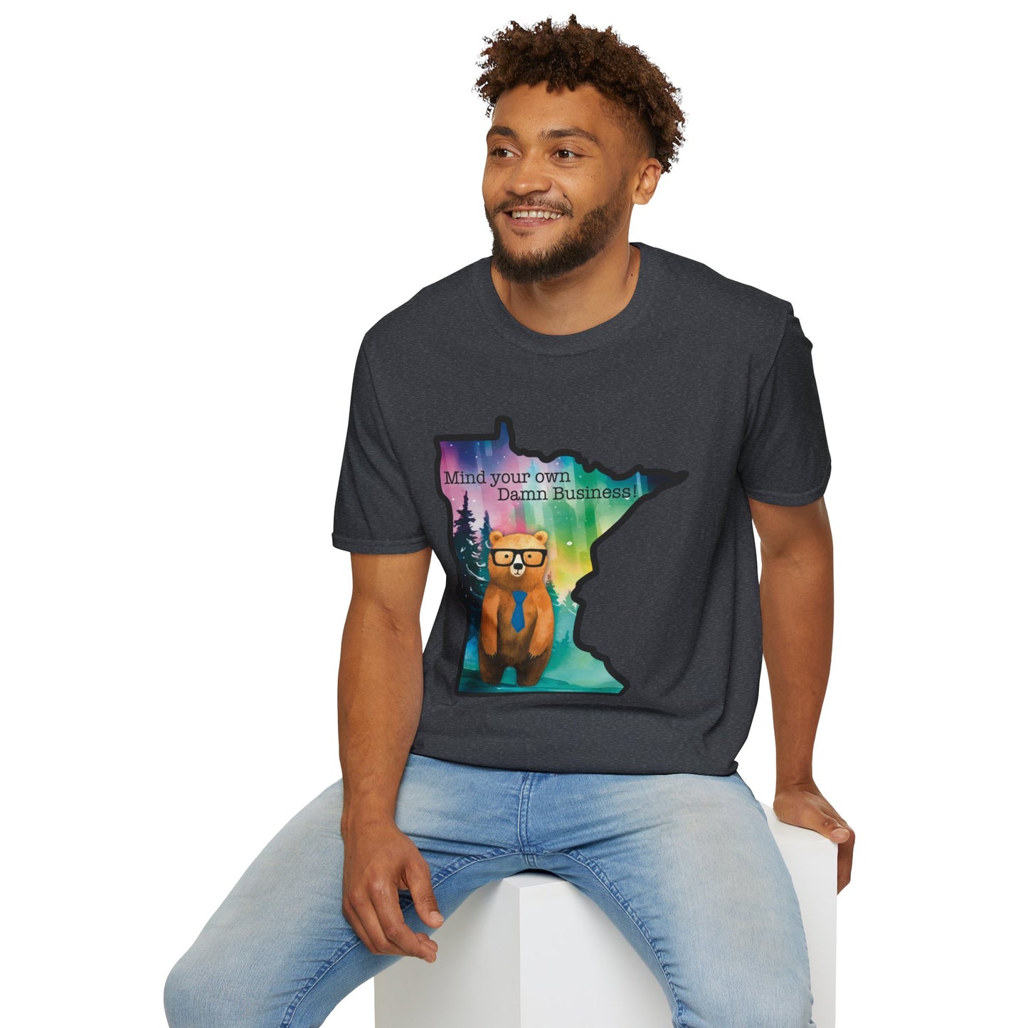 Whimsical Minnesota Bear T-Shirt, Mind Your Own Damn Business Tee, Casual Gift, Fun Apparel, Northern Lights Style, Unique Souvenir