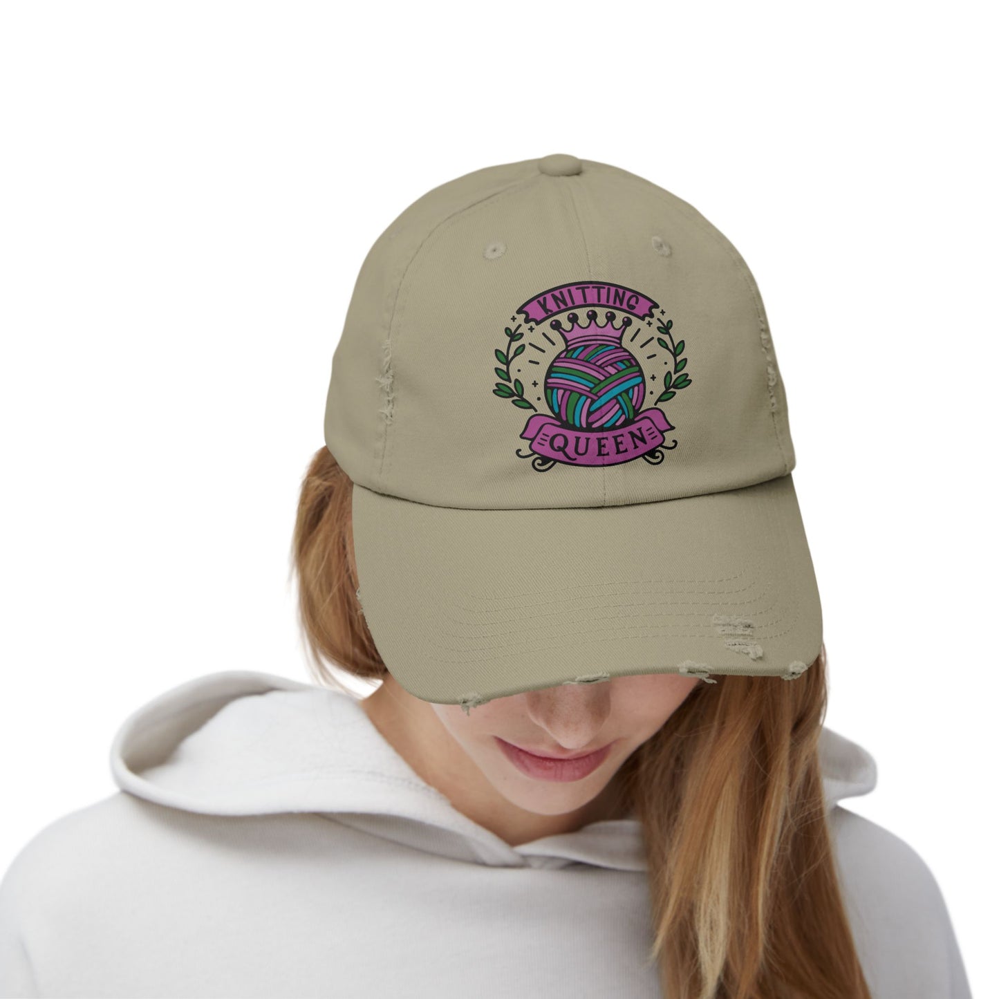 Knitting Queen Distressed Cap - Cozy Gift for Crafters, Trendy Fashion Accessory, Perfect for Knitting Lovers, Birthday Gift, Everyday Wear