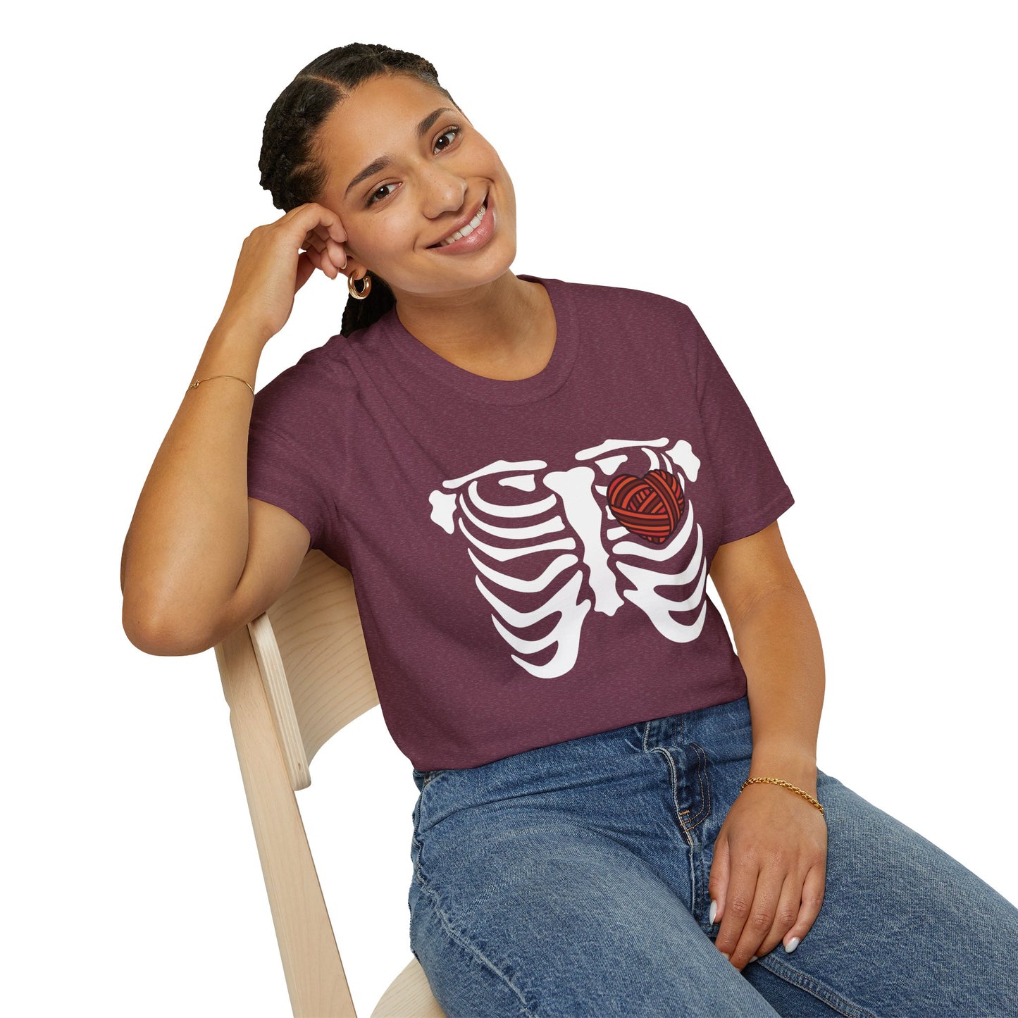 Yarn lover’s Skeleton Heart Unisex T-Shirt | Gift for Couples, Fun Graphic Tee, Romantic Apparel, Halloween Shirt, Love Theme