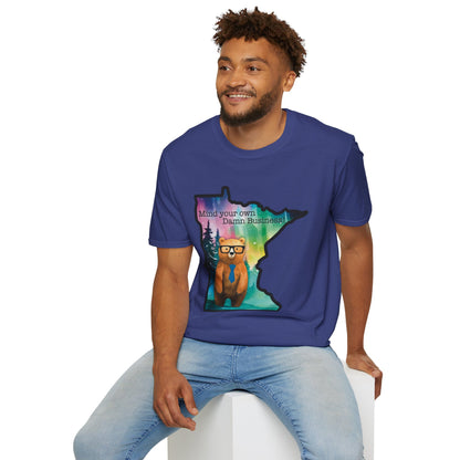 Whimsical Minnesota Bear T-Shirt, Mind Your Own Damn Business Tee, Casual Gift, Fun Apparel, Northern Lights Style, Unique Souvenir