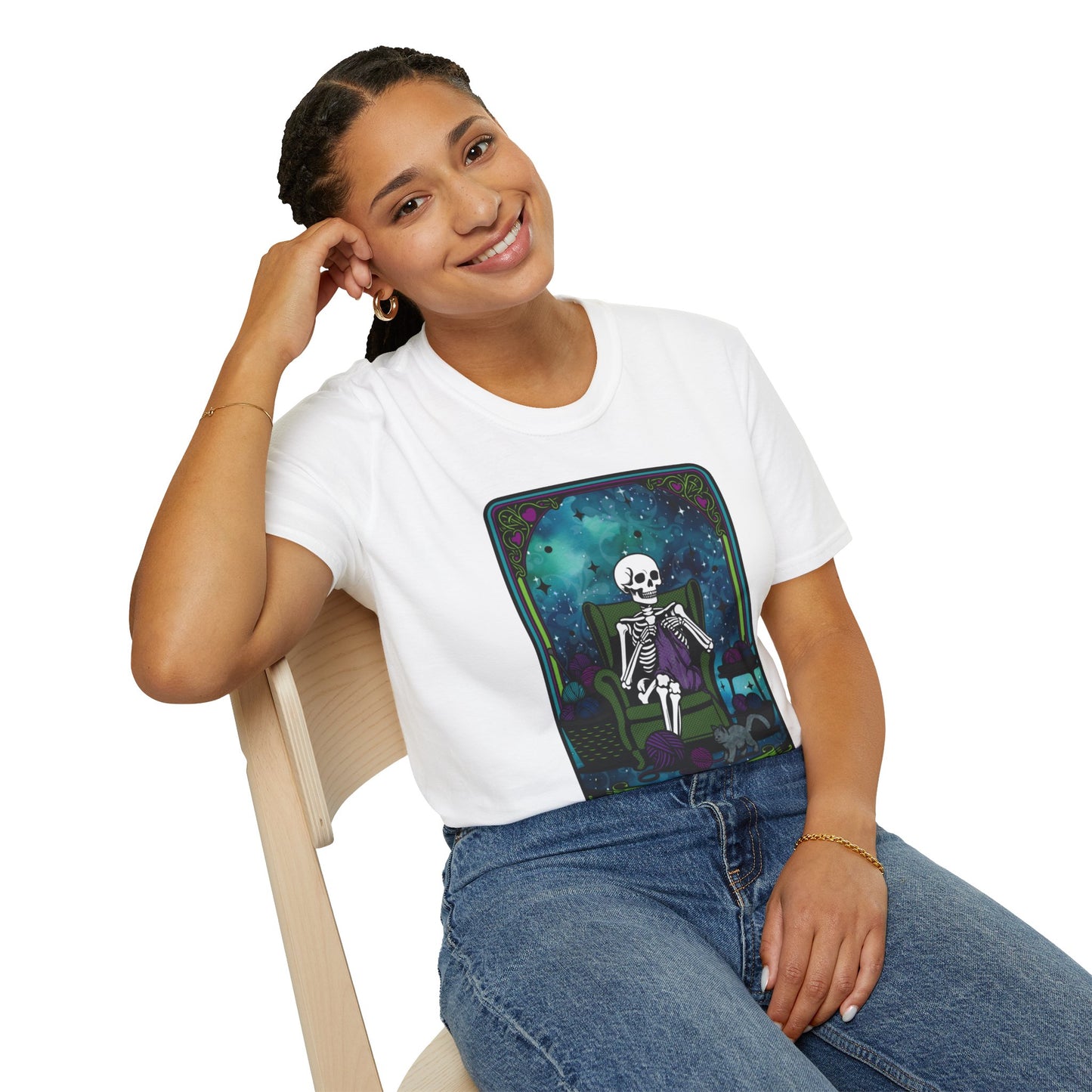Skeletal Yarn Hoarder T-Shirt, Softstyle Graphic Tee for Crafters, Halloween Apparel, Gift for Knitters, Cozy Casual Wear